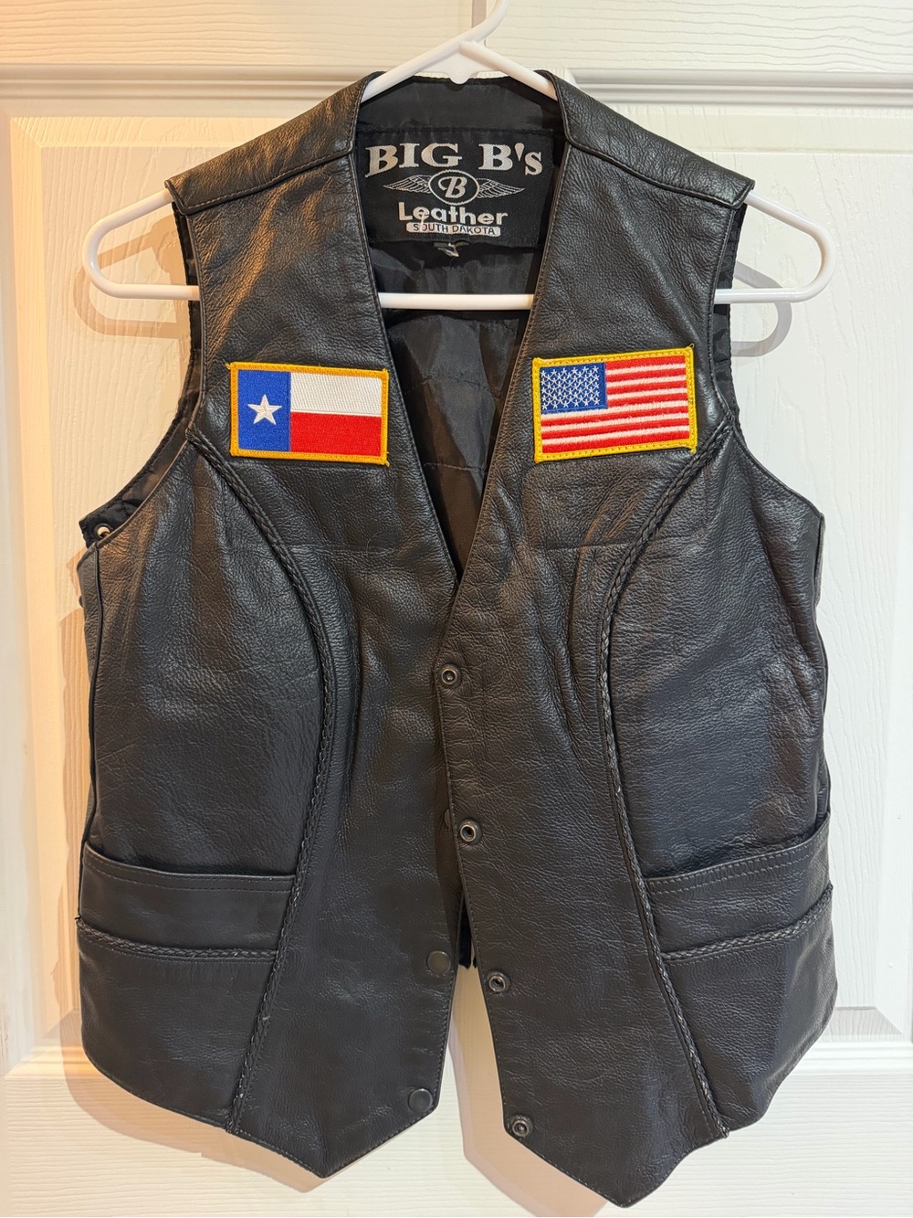Black Leather Vest with Flag Patches